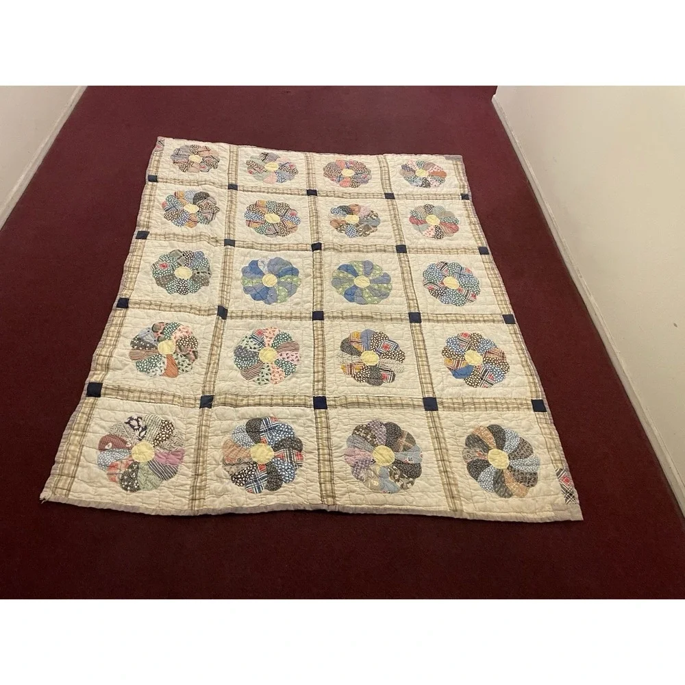 Vtg 1930s Dresden Plate Quilt NRA Blue Eagle Domino Sugar Sack Backing Folk Art